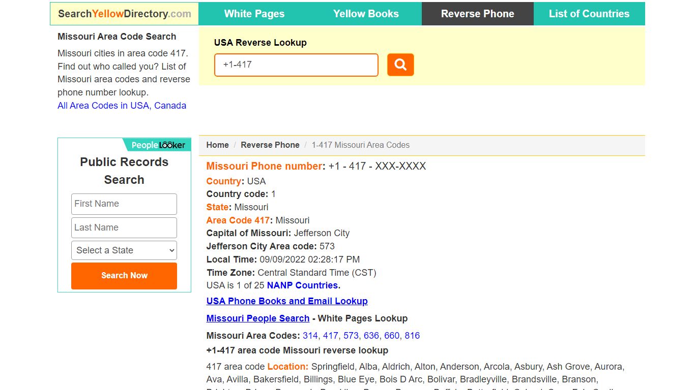 Missouri Area Code 417 Reverse Phone Number Lookup